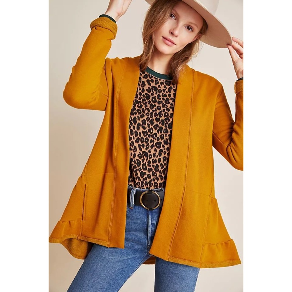 Anthropologie Lila Tiered Babydoll Cardigan Women M Mustard Boho Cottagecore